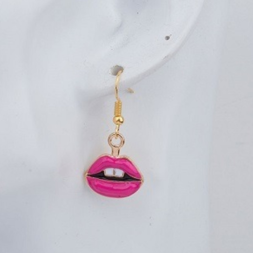 Hot Sexy Handmade Gold Plated Fuchsia Lip Earrings - Picture 3 of 6